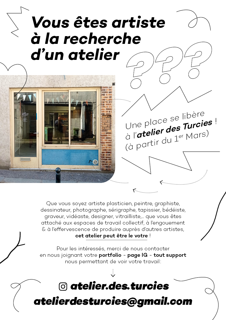 Vous êtes artiste à la recherche d’un atelier ? Une place se libère à l’atelier des Turcies !