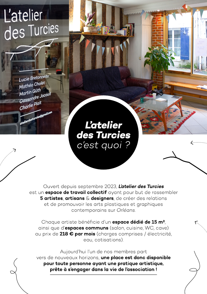 Vous êtes artiste à la recherche d’un atelier ? Une place se libère à l’atelier des Turcies !